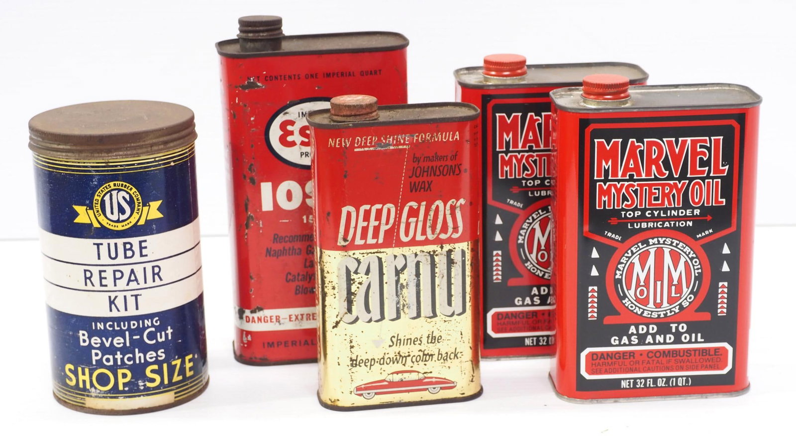 (5) Petroleum product tins: (5) Petroleum product tins: (2) Marvel Mystery Oil / US Tube Repair Kit / Esso Iosol / Carnu Deep Gloss