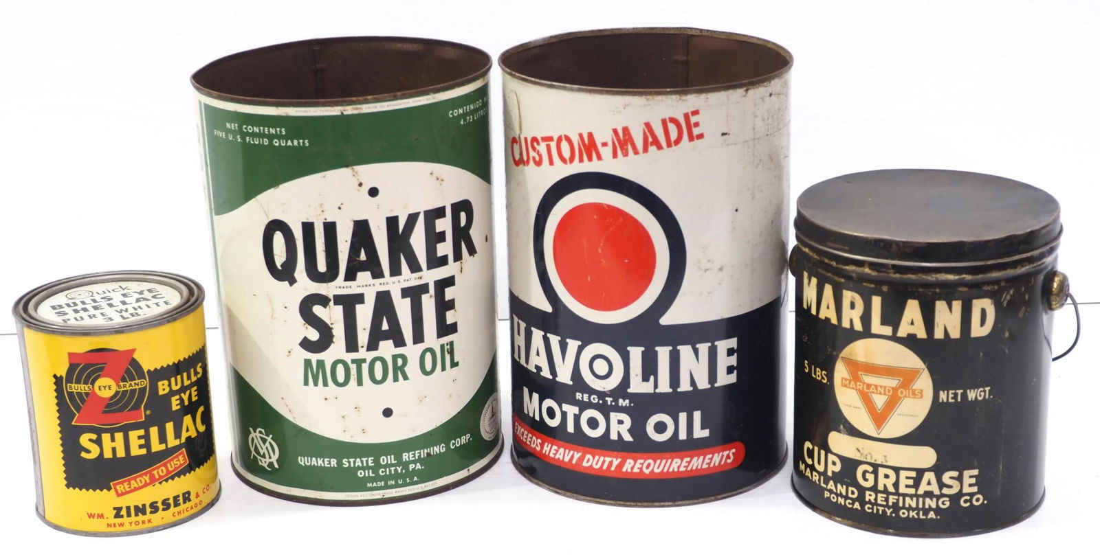 (4) Petroleum product tins: (4) Petroleum product tins: Marland Cup Grease / Bullseye Shellac / Quaker State Motor Oil / Havoline Motor Oil