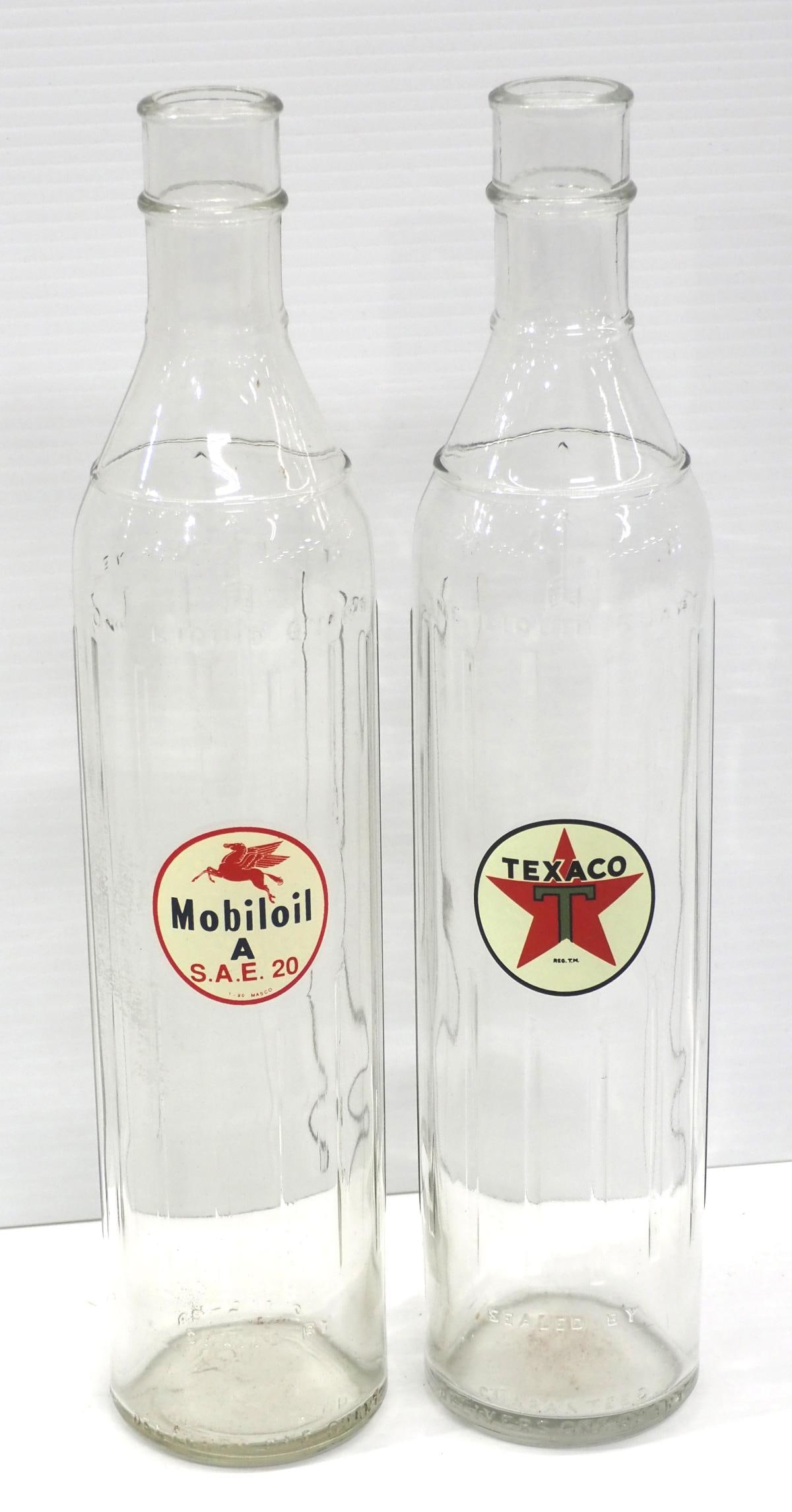 (2) 1-quart tall glass oil bottles with labels: (2) 1-quart tall glass oil bottles with labels: Mobiloil A / Texaco