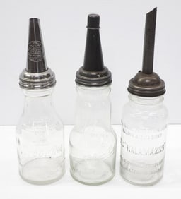 (3) 1-quart glass oil bottles with metal spouts