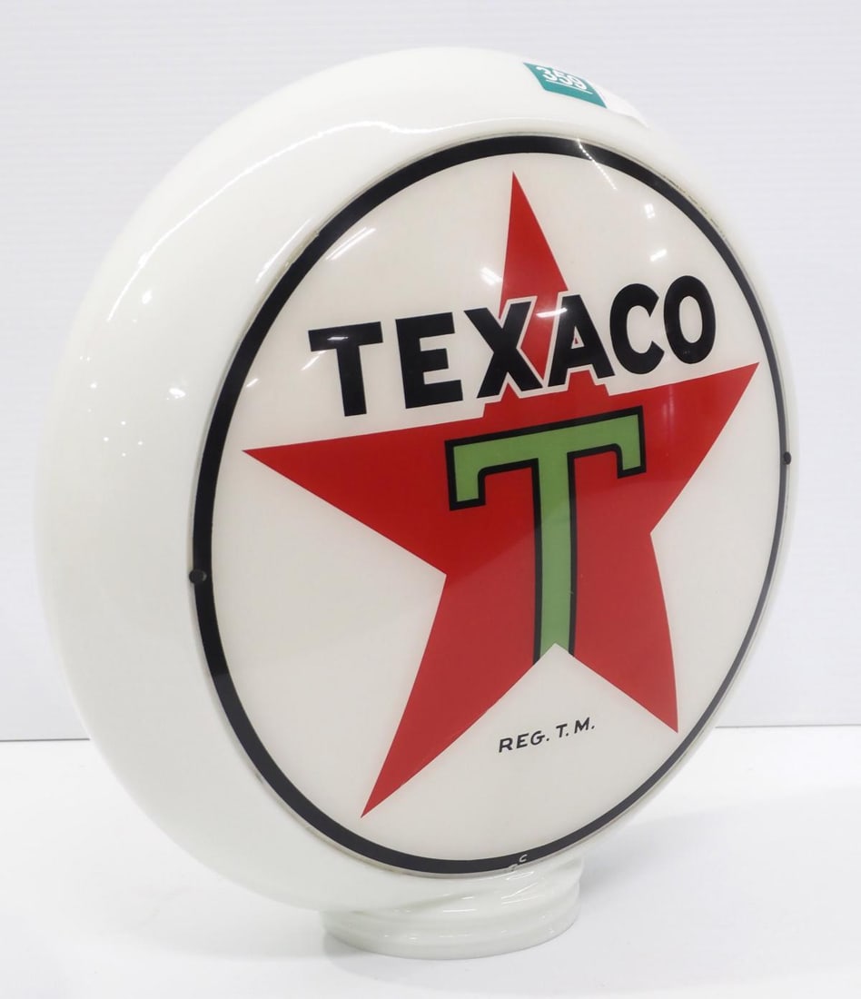 Texaco gas pump globe: (2) 13.5"dia. glass Texaco gas pump globe plates in glass body - Excellent, no chips or cracks * * This lot will be delivered to the UPS Store for professional packing and shipping.