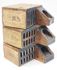 (3) Wooden "The Delusion" mouse traps by Lovell Mfg. Co., patented 1876 & 1877