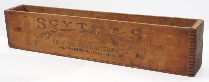 Dovetailed wooden scythe blade box for Kelly Axe Manufacturing Co., Alexandria, IN, 35"x5"x7"H