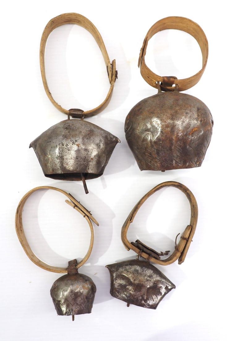 (4) Very early, primitive cow bells with wooden collars! (1 of 2)