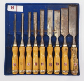 Set of 9 chisels by Freund, most with original labels