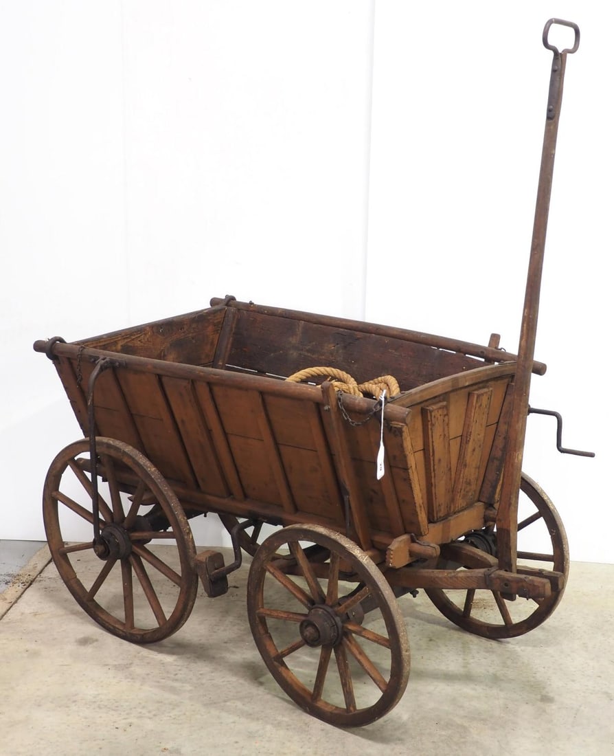 Early primitive wooden pull wagon with brakes & handle, 26"W x 45"L x 28"H (1 of 3)