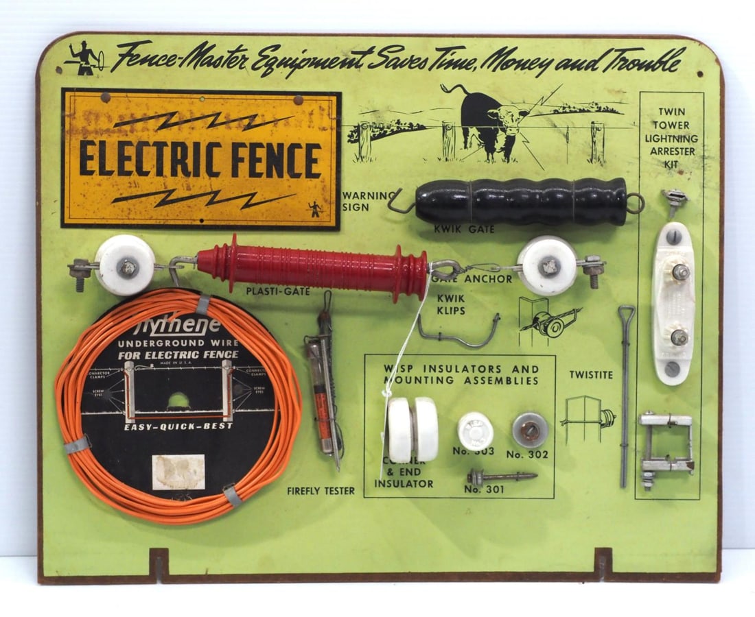 20"x16" masonite advertisement for Electric Fence showing fence parts (1 of 1)