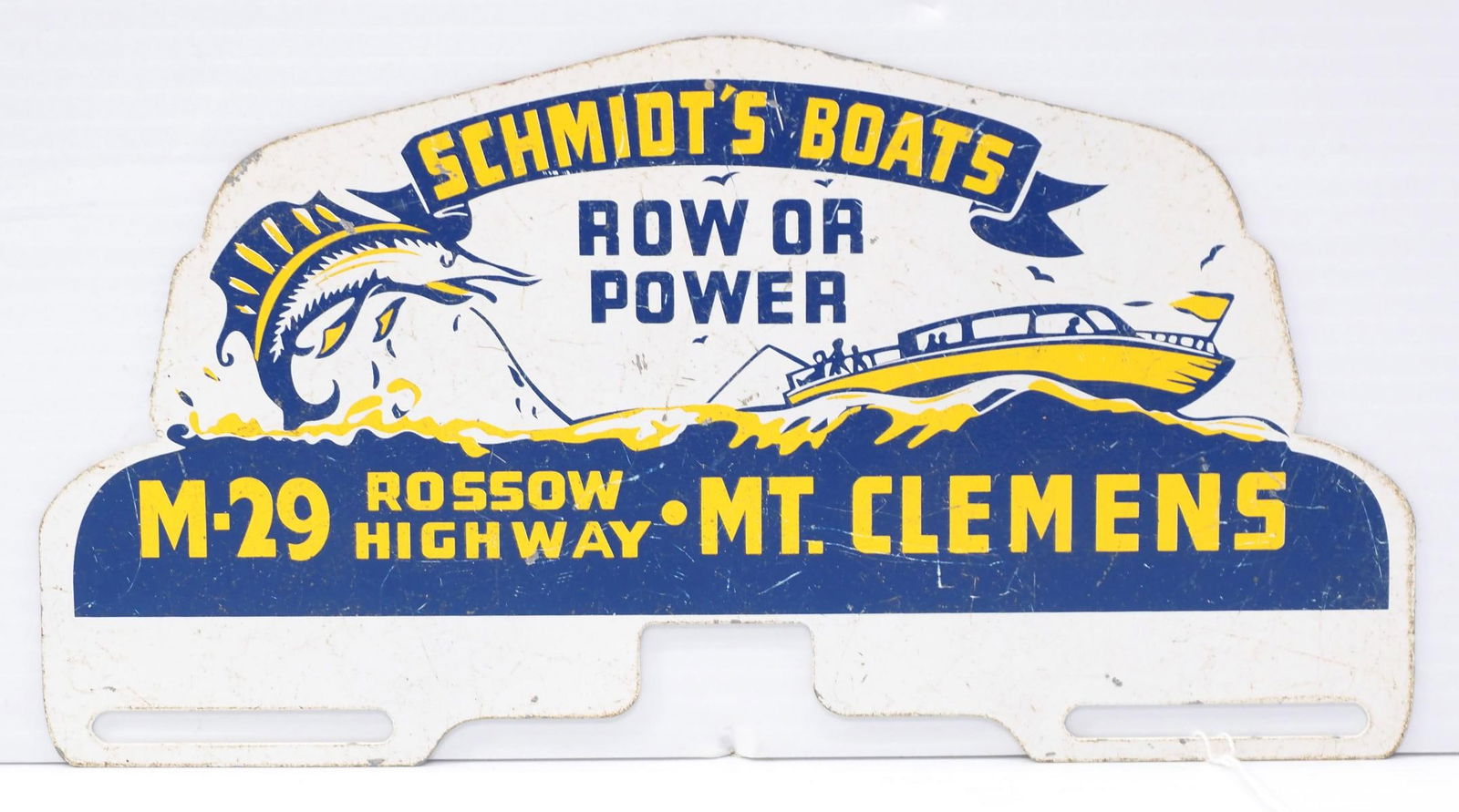 Schmidt's Boats, Mt Clemens tin license plate topper with great fishing graphics (1 of 2)