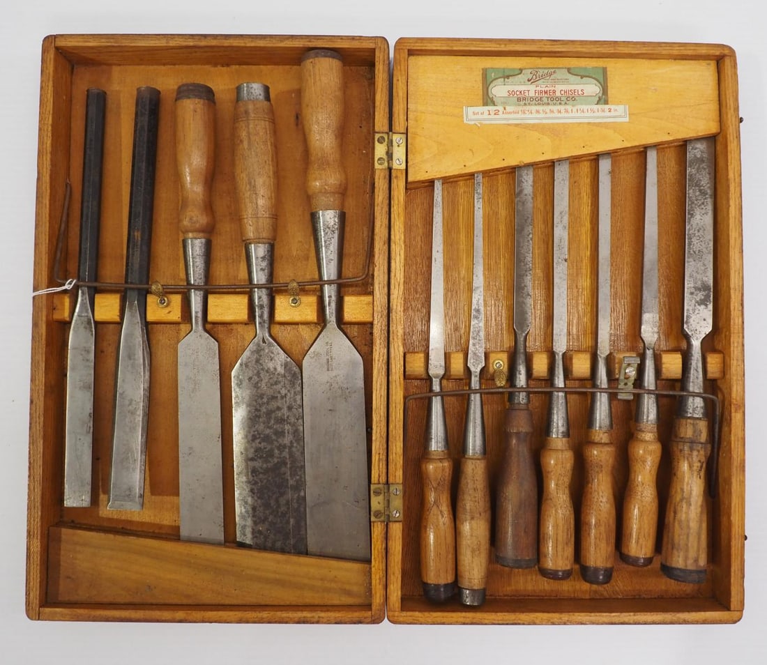Set of 12 Plain Socket Firmer Chisels by Bridge Tool Co., in original wood case (1 of 3)