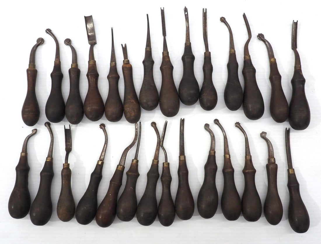 Lot of handheld leather carving tools with wood handles, marked Osborne (1 of 4)