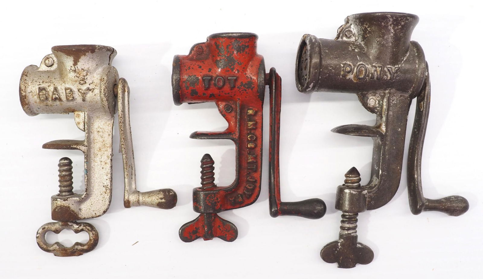 (3) Miniature cast iron grinders: Pony / Baby / Toy, Mt Joy: (3) Miniature cast iron grinders: Pony / Baby / Toy, Mt Joy