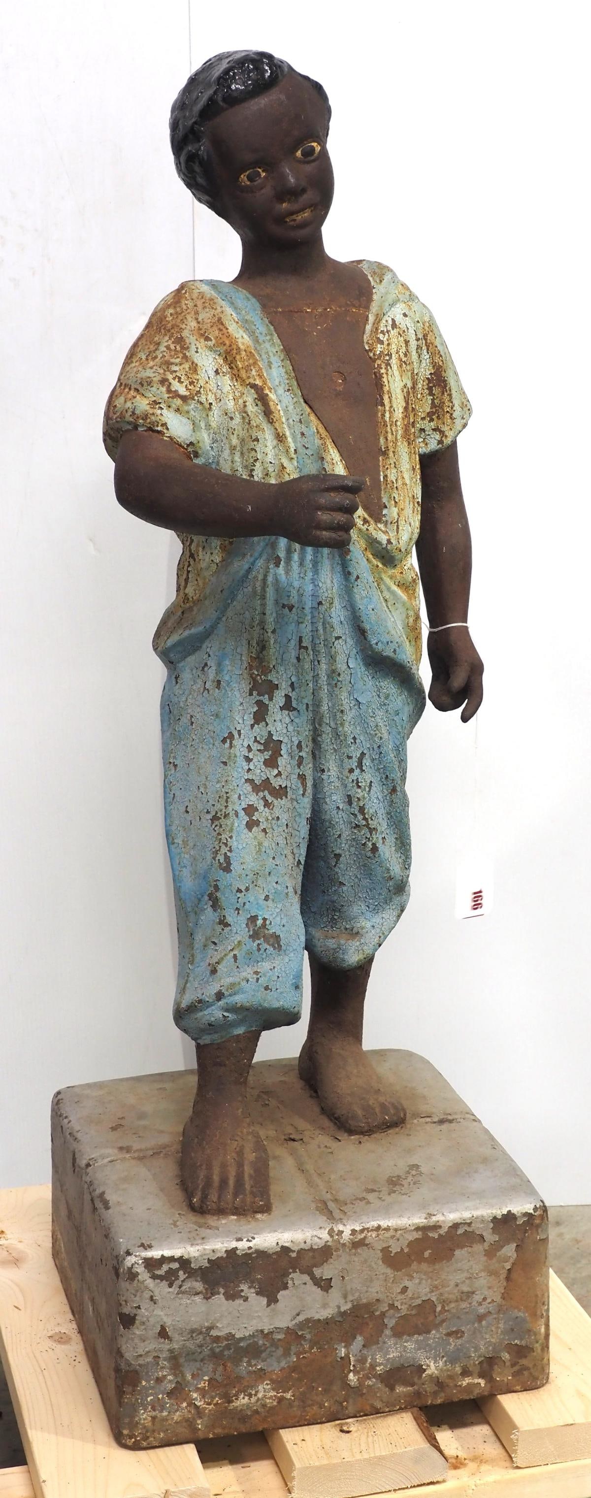 Cast iron black boy hitching post on straw bale, 16"x16"x46"H, original paint? (1 of 3)