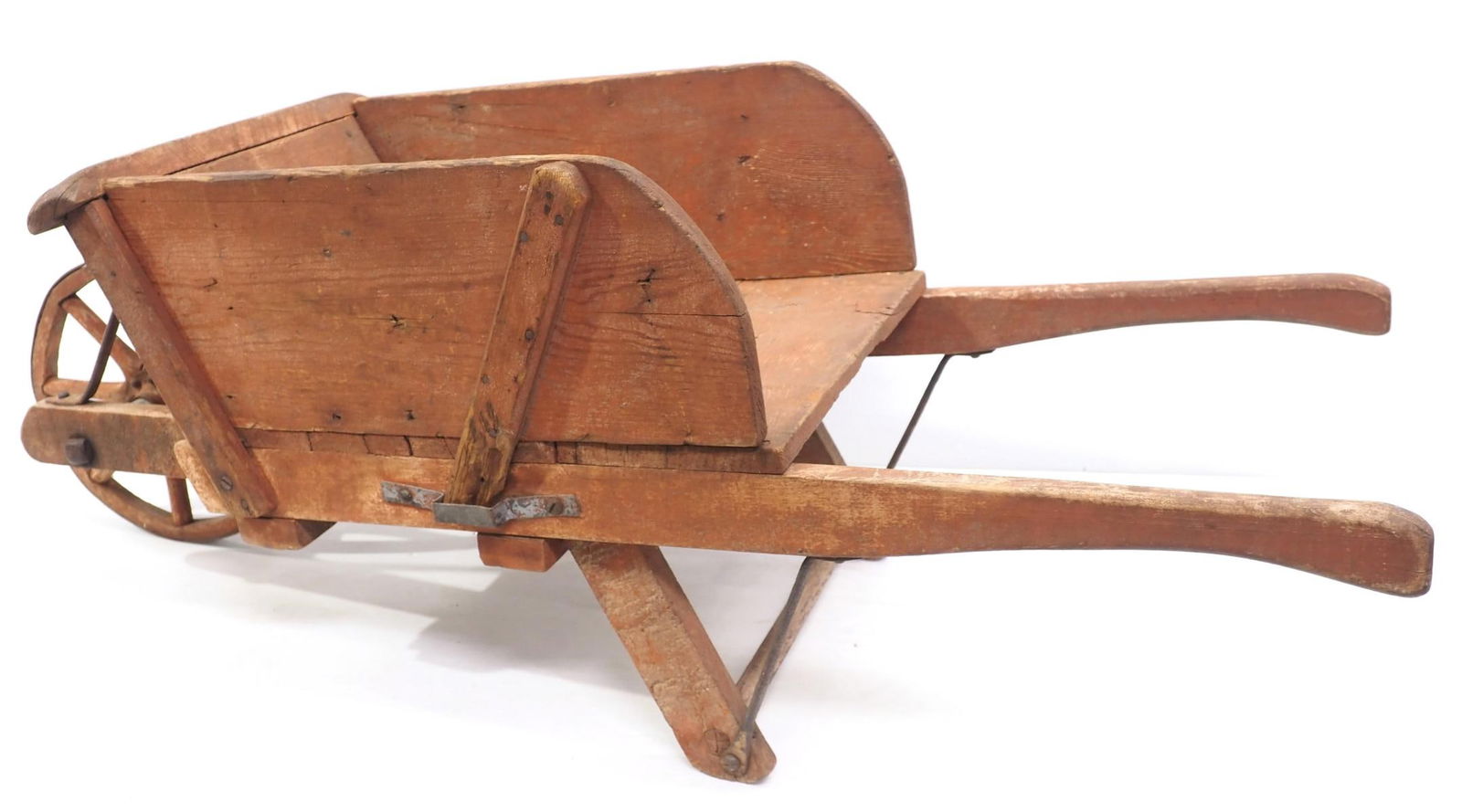 Early wooden, child-size primitive wheelbarrow with some red paint, 43"L overall (1 of 2)