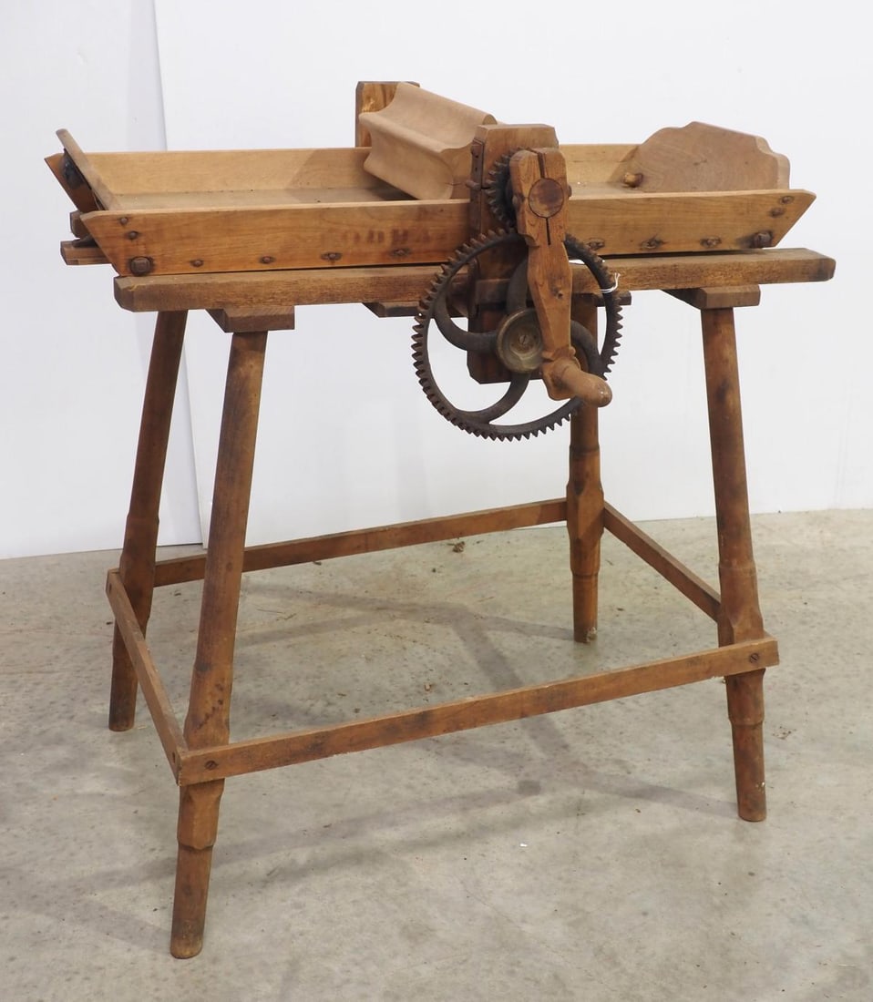 Wooden floor model butter worker with stand and some stenciling, 36"L x 23"W x 34"H (1 of 3)
