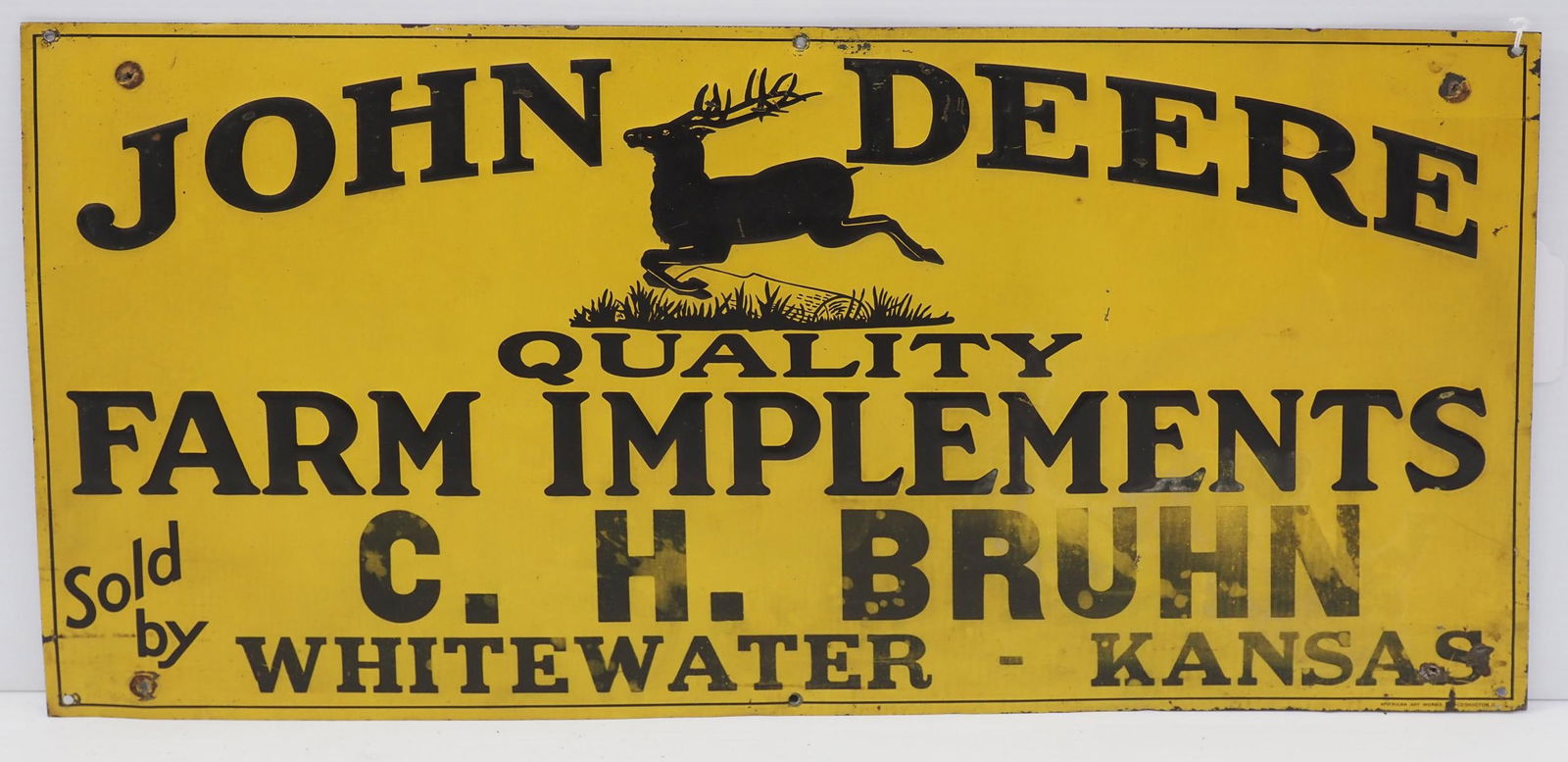 23.5"x12" SST embossed John Deere Farm Equipment sign for C.H. Bruhn, Whitewater, Kansas (1 of 3)
