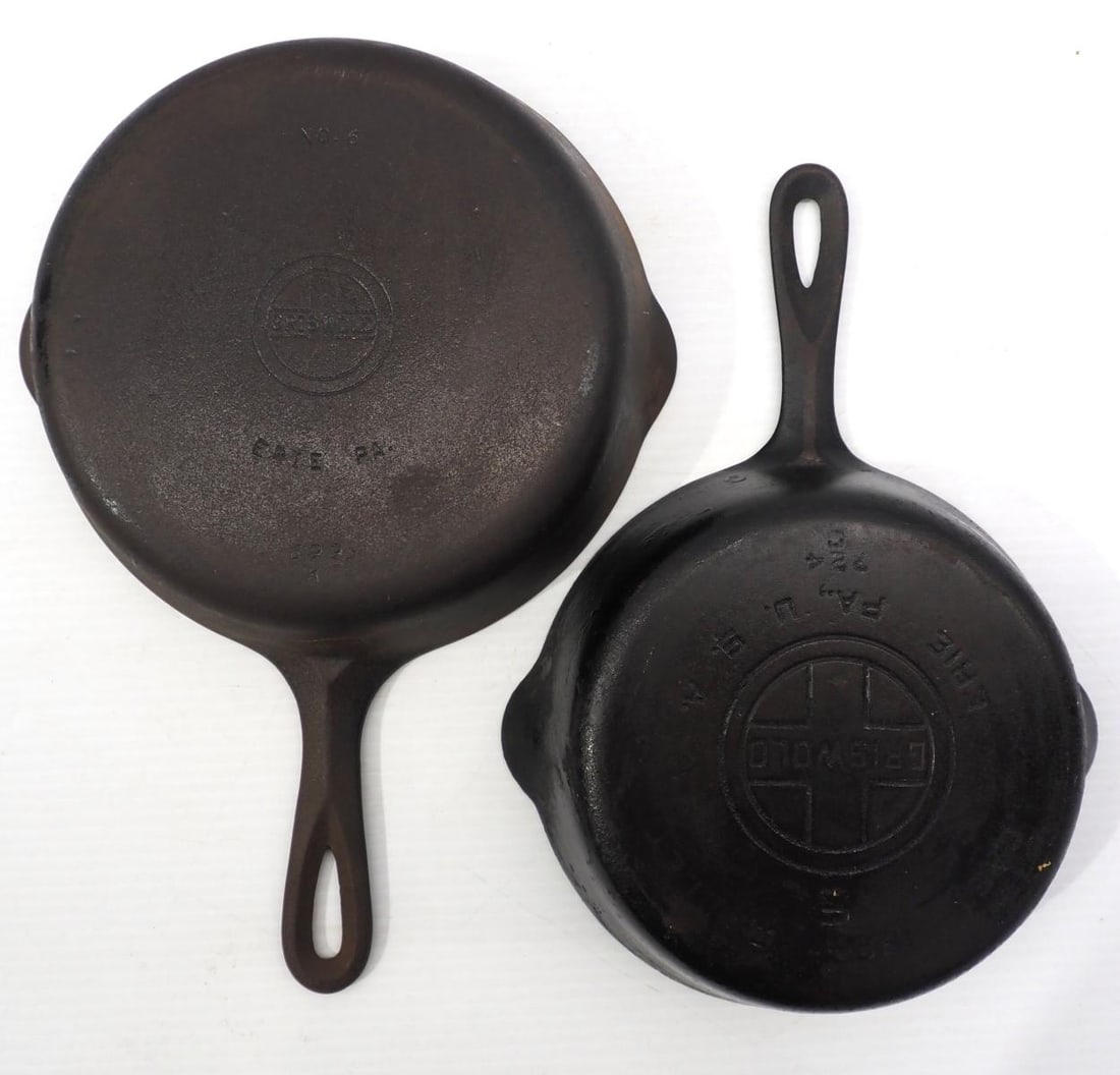 (2) Griswold cast iron skillets: No.6 with small block logo / No.5 with large block logo (1 of 2)