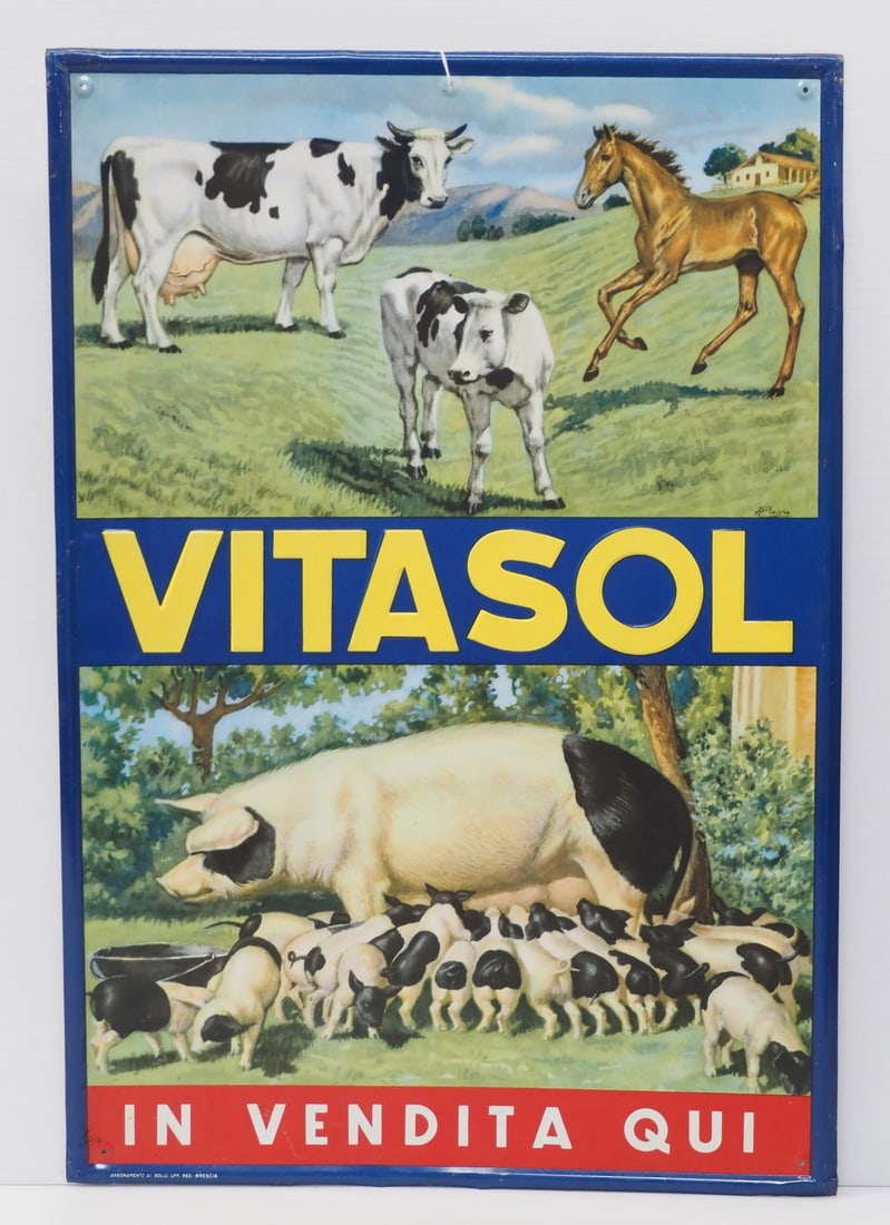 19"x27.5" SST embossed Vitasol sign, marked Abbonamento Al Bollo Uff: 19"x27.5" SST embossed Vitasol sign, marked Abbonamento Al Bollo Uff