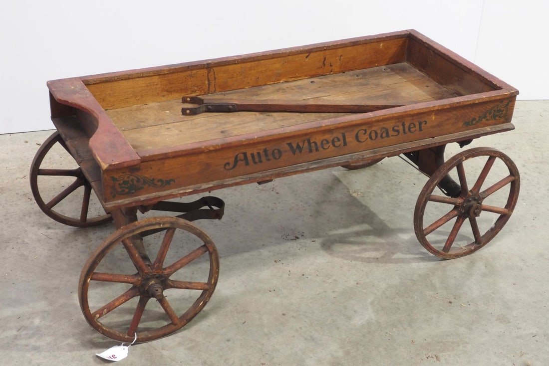 Auto Wheel Coaster child's wooden pull wagon with some paint and stenciling, 42"L overall (1 of 2)