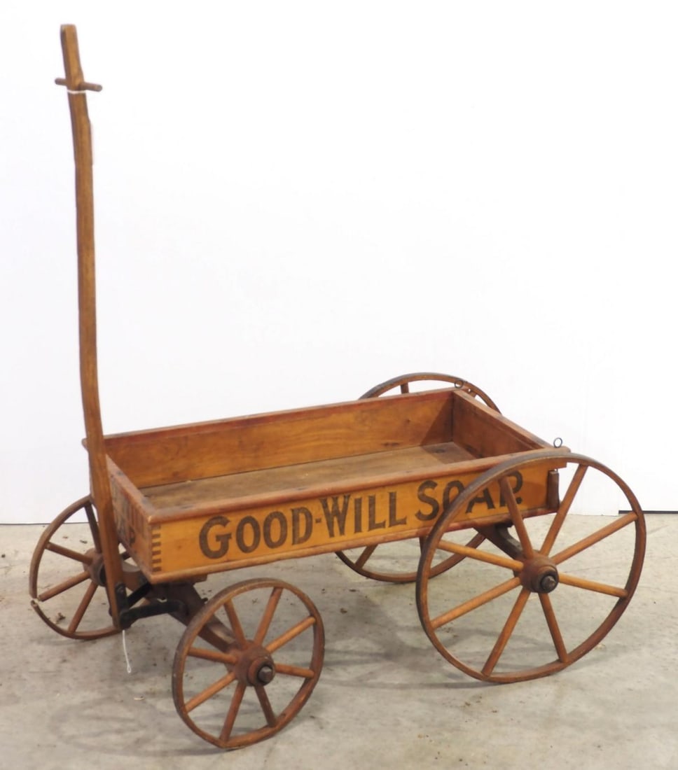 Good-Will Soap wooden pull wagon with large rear wheels, 32"L without handle (1 of 2)