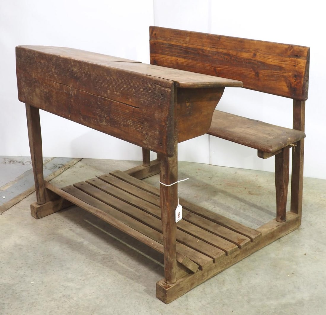 Very early primitive wooden 2-student school desk (1 of 3)