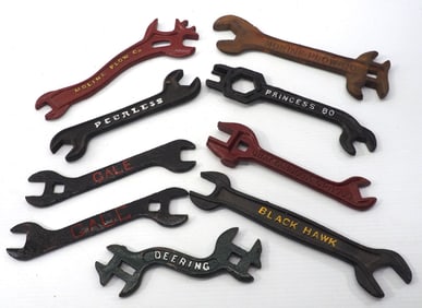 (9) Cast iron wrenches: (2) Moline Plow / Black Hawk / Peerless / (2) Gale / Deering / Princess /