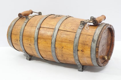 Early primitive barrel water cooler with 2 handles, 22"L x 11"dia.