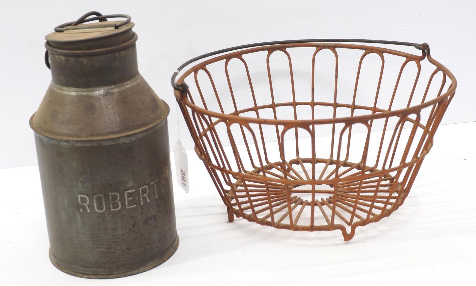 Early egg basket / 1-gallon tin milk can marked Roberts: Early egg basket / 1-gallon tin milk can marked Roberts