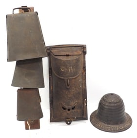 3-bell door mount bell, 18"L / cast iron mailbox, 6"x11"H / cast iron beehive string holder,