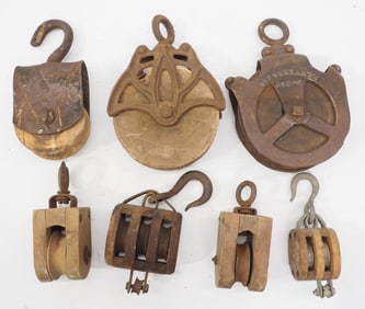 (7) Wood & iron pulleys, 1 marked FE Myers