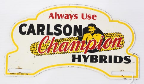 Always Use Carlson Champion Hybrids tin license plate topper by Vernon Co., Newton, IA
