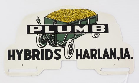 Plumb Hybrids, Harlan, IA tin license plate topper