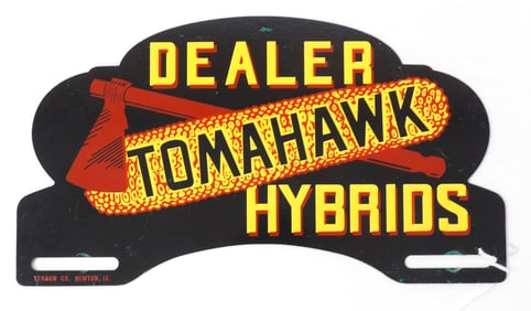 Tomahawk Hybrid Dealer tin license plate topper by Vernon Co., Newton, IA