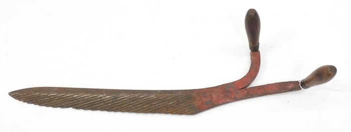 Salesman sample hay knife with wood handles and some red paint, WOW!