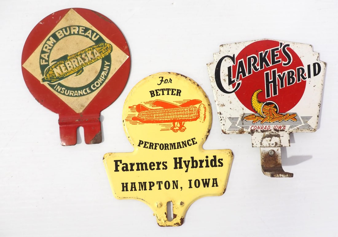 (3) License plate toppers: Clarke's Hybrids / Farmers Hybrids, Hampton, Iowa / Nebraska Farm Bureau (1 of 2)