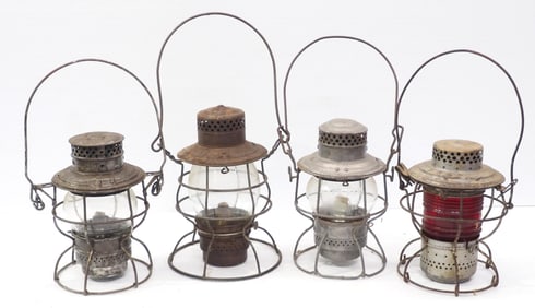 (4) Railroad lanterns: LNRR / Adlake No.250 Kero / Adlake ICRR / Rayo No.39 WB with Rayo globe