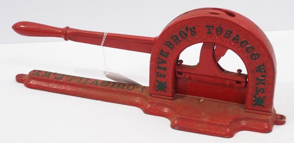 Cast iron tobacco cutter marked John Finzer & Bros, Five Bros Tobacco, Louisville, KY, 18"L