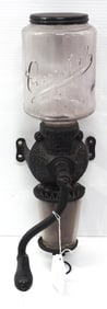 NOS Arcade Crystal cast iron & glass wall-mount coffee grinder with original cardboard box