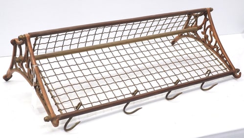 Brass railroad car shelf with brass hooks, 30"L