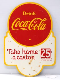 11"x16" DST Drink Coca Cola, Take Home a Carton 25-cents sign, marked Robertson-Dualife