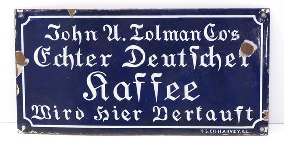 12"x6" SSP Kaffee (Coffee) sign in German, makred B.S. Co., Harvey ILL