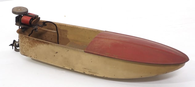 LePage Motors early toy boat motor with 18"L tin toy boat with Eveready battery box