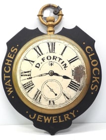 D. Fortin, Clocks, Watches, Jewelry 2-sided, wooden pocket watch-shaped trade sign, 28"W x 37"H