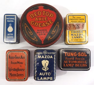 (6) Small automotive product tins including several Mazda, Red Top Axle Grease and Tung-Sol, some