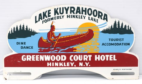 Lake Kuyrahoora, Greenwood Court Hotel, Hinkley, NY tin license plate topper, by Ad-Nov-Co