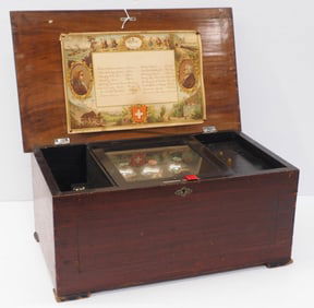 Early mechanical music box with beautiful colorfully enameled butterfly bells, box measures