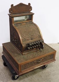National brass cash register, serial #686187, 16"x17"x21"H with sign