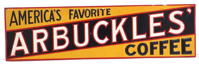 19.5"x5.5" SST embossed Arbuckles Coffee sign marked No.E-2