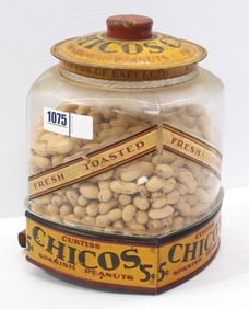 Store display Chicos 5-cent peanut jar, glass with metal base & lid, 8"x8"x11"H