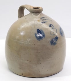 3-gallon crock jug in a bulbous shape, stamped A.J. Buttler, Manufacturer, New Brunswick, N.J.