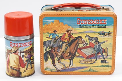 Gunsmoke TV show tin lunch box with original Aladdin thermos